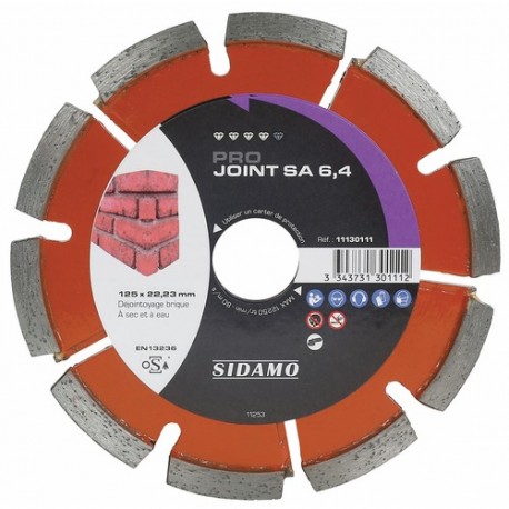 Disque diamant à déjointoyer PRO JOINT SD D. 125 x Ep. 6,4 x 22,23 x H 7 mm Joint de brique - 11130111 - Sidamo